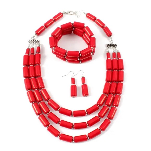 Red 3 Piece Multi Layered Necklace Set - Picture 4 of 7